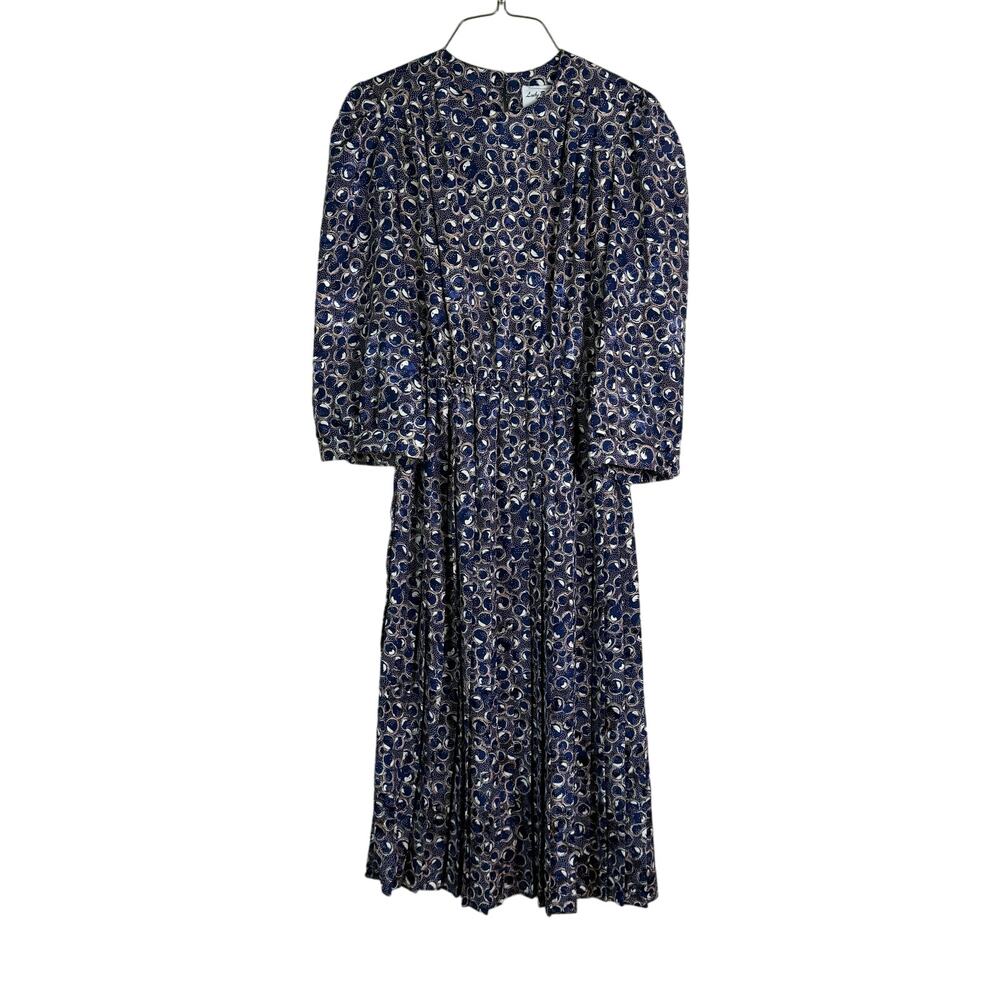 Lady Page Susan Page VINTAGE navy‎ blue white jacquard print midi dress MEDIUM